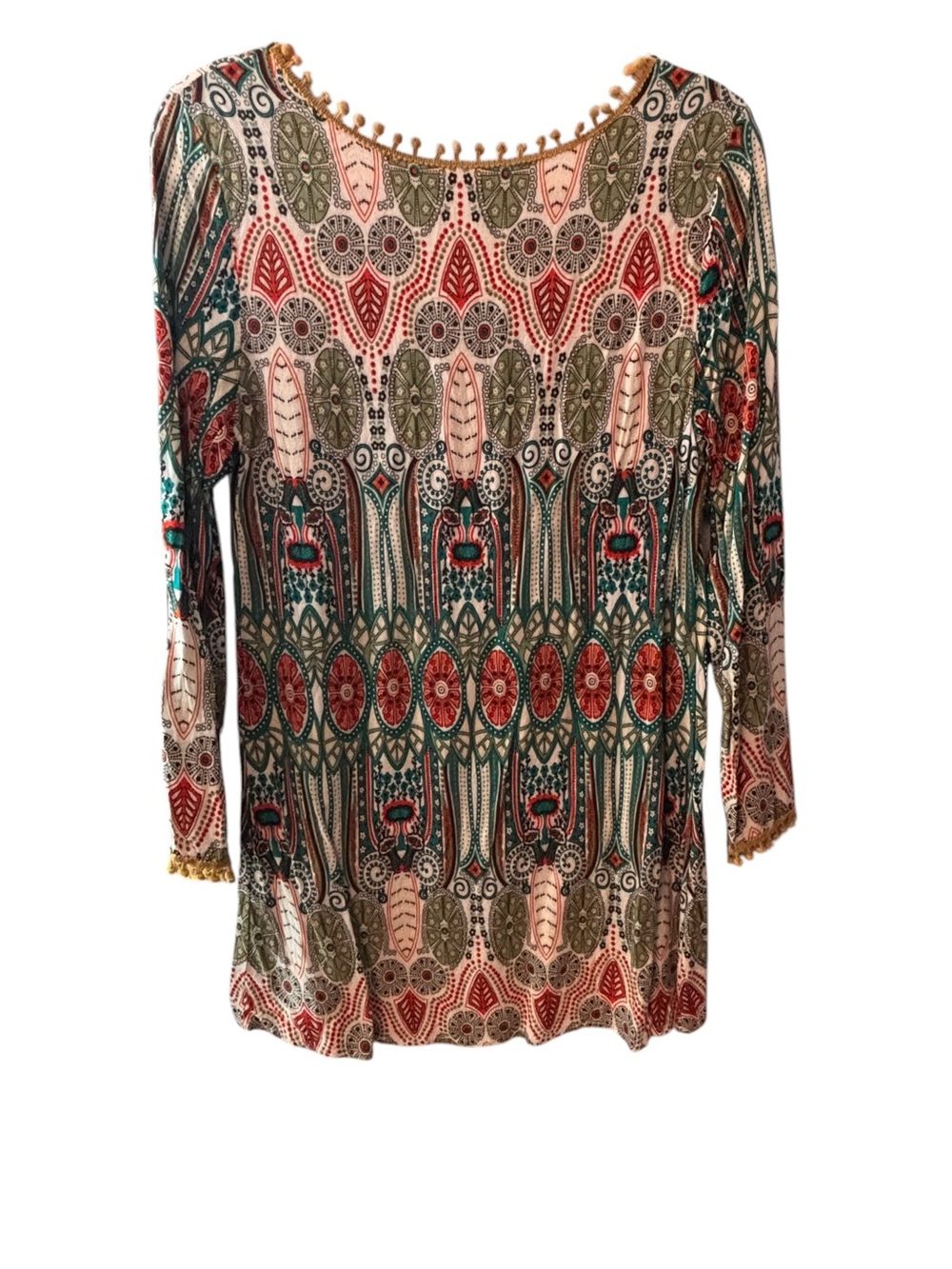 Boho Ornate Print Tunic Top Long Sleeve Pom Trim S/M